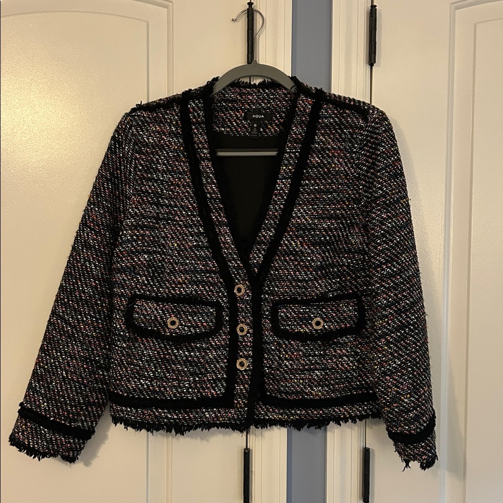 Aqua Multicolor Tweed Jacket with Black Accents